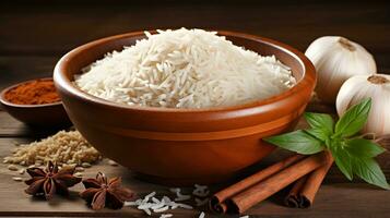 ris i de trä- skål med Övrig Ingredienser ai generera foto