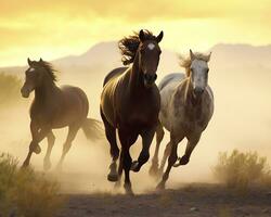 en grupp av hästar löpning på de landa. generativ ai foto