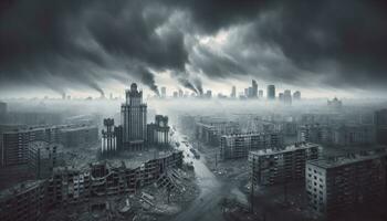 en stad horisont förkrossad förbi krig, med rökig ruiner av byggnader, tömma gator, och en dyster mulen himmel. ai genererad foto