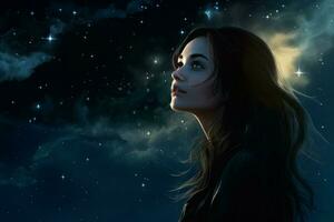 tillägnad astronom starry himmel natt kvinna. generera ai foto