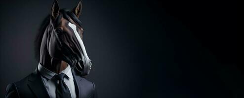 porträtt av humanoid antropomorf häst bär affärsman kostym i svart bakgrund för kopia Plats baner ai generativ foto