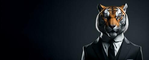 porträtt av humanoid antropomorf tiger bär affärsman kostym i svart bakgrund för kopia Plats baner ai generativ foto