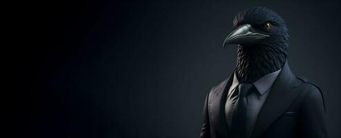 porträtt av humanoid antropomorf svart kråka bär affärsman kostym i svart bakgrund för kopia Plats baner ai generativ foto