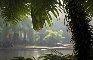 regn i de tropikerna under de låg säsong eller monsun säsong. regndroppar i en trädgård. generativ ai foto