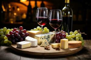 röd och vit vin, ost, och vindruvor på en rustik trä- tabell ai genererad foto