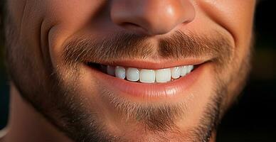 manlig leende närbild, Snövit tänder, kosmetologi begrepp, tandvård - ai genererad bild foto