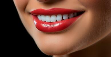 kvinna leende närbild, Snövit tänder, kosmetologi begrepp, tandvård - ai genererad bild foto