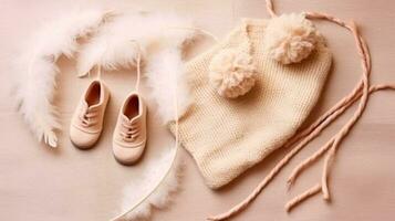 stickning för en nyfödd, crochet.booties, klänning topp se på en mjuk beige bakgrund, ömhet, stickning nålar, baby ben, spets band och fjädrar i årgång stil,ai genererad foto