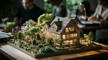 små skala modell av en samtida hus design på de tabell i en verklig egendom kontor. generativ ai. foto