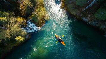 antenn se av en kayaker paddling längs en skön berg flod. generativ ai. foto