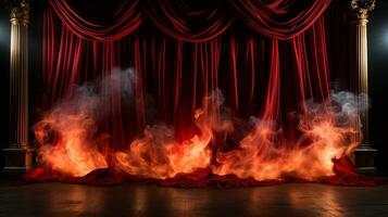 teater skede med röd sammet gardiner på brand. generativ ai. foto