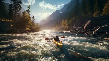 kayaker paddling turbulent vitvatten fors på en berg flod. generativ ai. foto