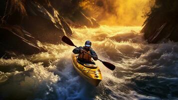 kayaker paddling turbulent vitvatten fors på en berg flod. generativ ai. foto