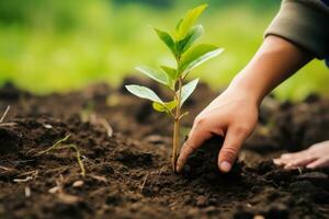 stänga upp av barn hand plantering träd på bördig jord med natur grön bakgrund foto