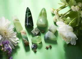 kristall torn mineraler uppsättning och vit blommor på grön abstrakt bakgrund. generativ ai foto