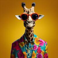 de Häftigt giraff bär kostym kläder och glasögon, modern bakgrund. begrepp modern djur. generativ ai. foto