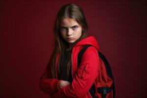 porträtt av ett arg flicka med en skola väska på röd bakgrund foto