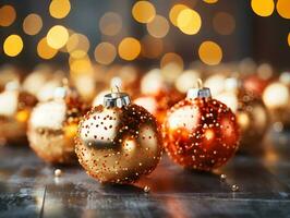 jul och ny år gåva lådor, gyllene bollar och stjärna, tall koner i snö med bokeh ljus bakgrund. ai genererad foto