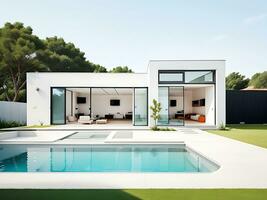 exteriör av modern minimalistisk hus med simning slå samman, generativ ai foto