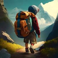 en liten pojke är startande en resa med en ryggsäck ai generera foto