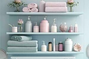 en pastell badrum hylla med rosa hudvård Produkter, kopia Plats, baner, rosa och pastell blå ljus palett, barbiecore. ai generativ foto