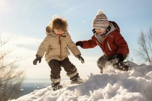 två barn spelar tillsammans i de snö ai genererad foto