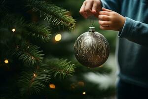 stänga upp skott av en barnets händer hängande en små jul boll på en tall träd ai genererad foto