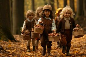 barn med godis hink i falla skog ai genererad foto