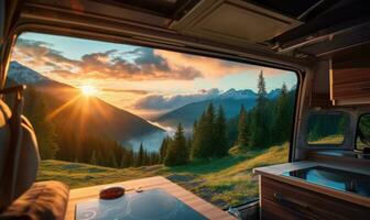 skön se av lugn berg landskap från inuti en husbil lastbil ai genererad foto