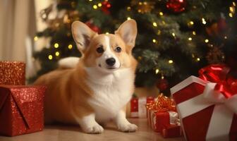 förtjusande Lycklig corgi hund med gåvor och presenterar under jul träd ai genererad foto