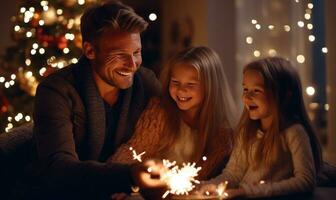 Lycklig familj med jul sparklers på Hem ai genererad foto