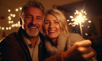 Lycklig mogna par med jul sparklers på Hem ai genererad foto