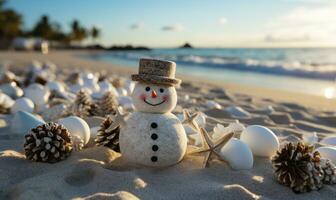 snögubbe på en sandig strand, jul baner ai genererad foto