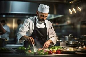 professionell kock matlagning i de kök restaurang. gourmet kock tjänande mat på plattor i en kommersiell kök. generativ ai. foto