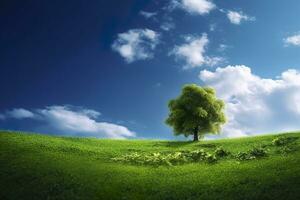 grön fält och träd på blå himmel. ai generativ foto