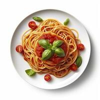 utsökt tallrik av spaghetti med tomat sås på en vit bakgrund generativ ai foto