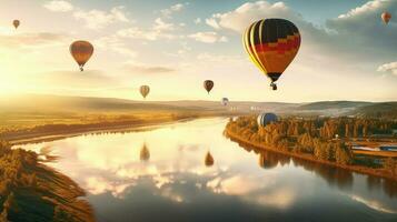 grupp av varm luft ballonger flygande över skön landskap och flod. generativ ai foto