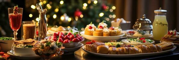 middag tabell full av maträtter med mat och mellanmål, jul och ny år dekor med en jul träd på de bakgrund. generativ ai foto