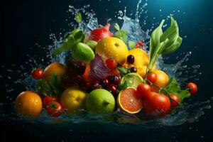 bruka färsk frukt grönsaker skörda med vatten stänk perfekt för reklam, ai genererad foto