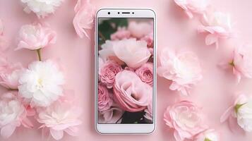 smart telefon falsk upp skärm på rosa pastell blommor vit blommig feminin vår bakgrund foto