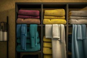osmyckad handduk kuggstång innehav ordentligt vikta plysch handdukar generativ ai foto