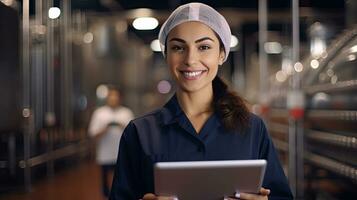 en positiv leende kvinna teknolog innehav checklista inuti de mat bearbetning fabrik. industriell mat. generativ ai foto