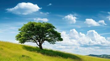 landskap se av ett stor träd på de topp av de kulle med grön gräs på en sluttning med blå himmel och moln i de bakgrund. generativ ai foto