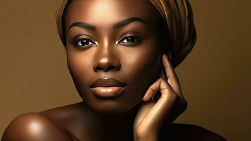 svart vuxen kvinna Rör ansikte med slät friska hud. skönhet och kosmetika hudvård reklam begrepp. generativ ai foto
