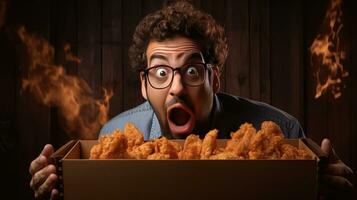 en överraskad uttryck spjällåda en rolig man äter bitar av friterad kyckling, en manlig ansikte med uttryck upphetsad till äta mat. generativ ai foto