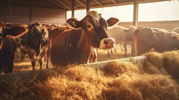 kor äter hö i ladugård på nötkött nötkreatur odla. kött produktion boskap industri. generativ ai foto