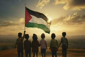 grup av barn innehar en palestinsk flagga, hoppas en frihet, ai genererad foto