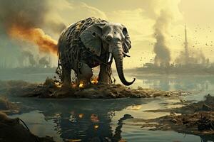 elefant i de brand. 3d illustration. 3d tolkning, förorening av de miljö. förorening av de miljö begrepp, ai genererad foto