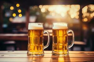 ai genererad två öl muggar fylld med öl och öl skum, rustik bakgrund foto