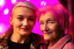 porträtt selfie av två kvinna tecken med rosa hår, modern mode, mormor och barnbarn. generativ ai. foto